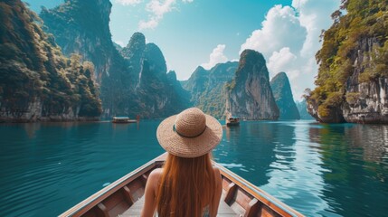 A woman wearing a straw hat on a boat. Suitable for travel and leisure concepts - obrazy, fototapety, plakaty