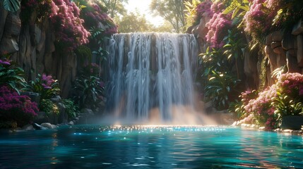 Sunset Serenity: Cascading Waterfall in a Tropical Paradise, generative ai