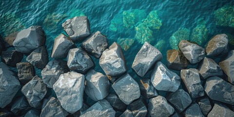 Group of rocks sitting on top of a body of water. Suitable for nature and landscape themes - obrazy, fototapety, plakaty