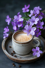 A cup of coffee with milk placed on the table among the purple flowers - obrazy, fototapety, plakaty