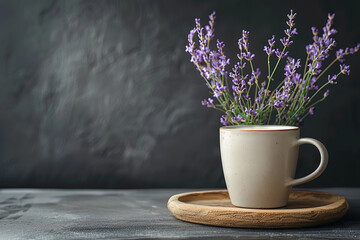 A cup of coffee with milk placed on the table among the purple flowers