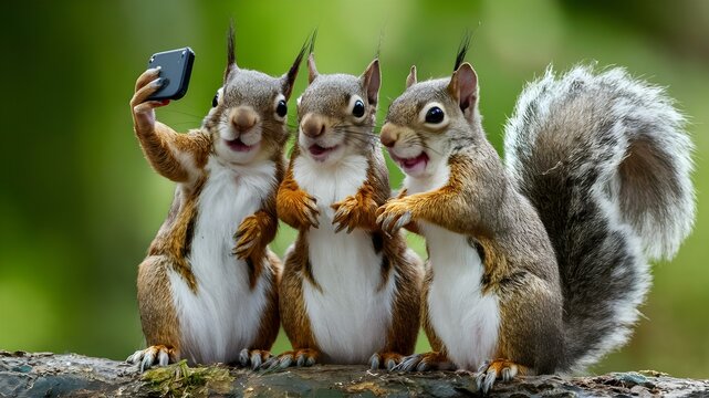 Squirrels' Joyful Selfie Moment in Nature. Concept Nature Photography, Wildlife Portraits, Animal Behavior, Squirrel Wildlife, Joyful Moments