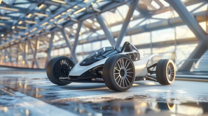 Obraz premium Modern Race Car Displayed in a Sunlit Exhibition Hall