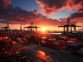 Industrial port with containers at sunset in vibrant colors - obrazy, fototapety, plakaty