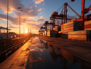 Sunset at busy cargo port with reflections and shipping containers