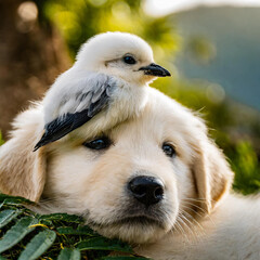 Cute Golden Retriever puppy with a little bird on his head.