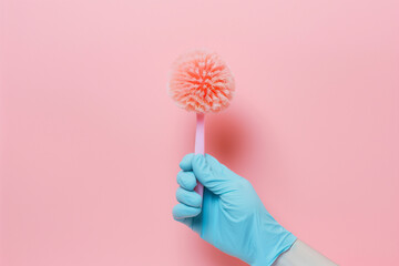 Hand in a blue rubber glove holds toilet brush on pastel background, closeup - 779193083
