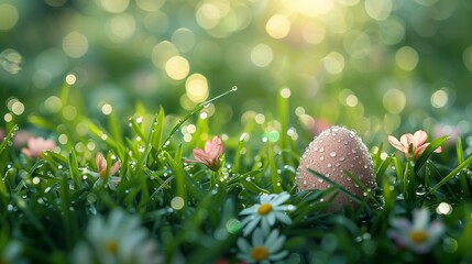 Spring Grass Bliss: Hidden Easter Egg, generative ai - obrazy, fototapety, plakaty