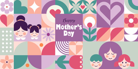 Mother's day abstract geometric seamless pattern. Mosaic vector background with mom and kids, flowers, hearts, simple forms. Modern vector template for banner, social media. Swiss style. Neo geo art.