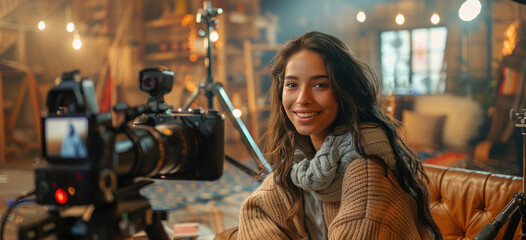 A woman sits in a filmmaking studio, smiling and speaking with the video crew - obrazy, fototapety, plakaty