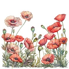 watercolor border with poppy flowers isolated on white background