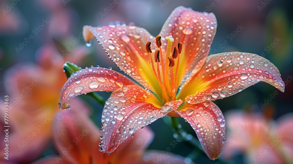 Sticker First Light Reflections: Dew on Blooming Lily, generative ai