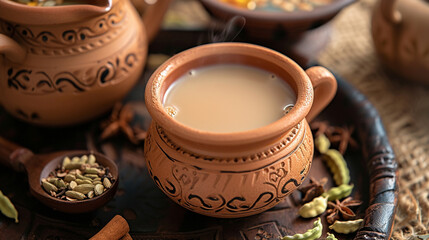 A cup of chai with hot tea, boiled with milk, sugar, and spices, such as cardamom, ginger, and...