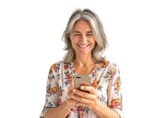 Smiling Woman Holding Phone, Looking Down