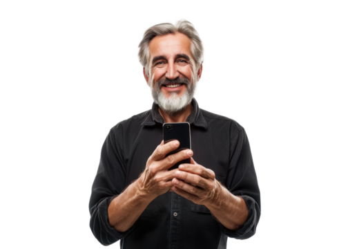 Smiling Man with Phone on Transparent