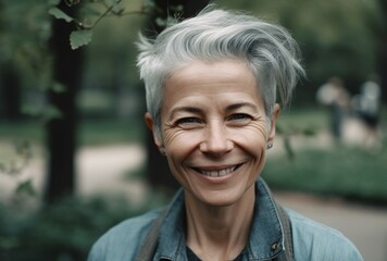 Joyful Woman with Silver Hair in a Park Setting. Generative AI