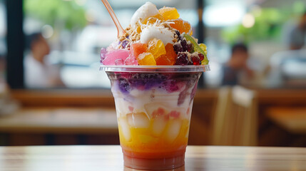 A cup of halo-halo with shaved ice, mixed with various ingredients such as sweet beans, coconut, jelly, fruits, and ice cream, and served with a spoon and a straw.