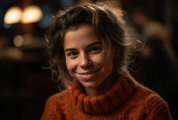 Smiling Woman in Orange Sweater with Warm Backlight. Generative AI