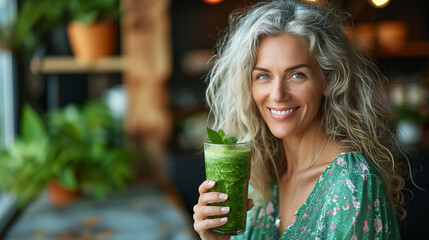 Femme ou mère de 50 ans souriante buvant un smoothie protéiné ou jus vert detox du matin dans sa cuisine, régime minceur, santé, vitalité et anti vieillissement - obrazy, fototapety, plakaty