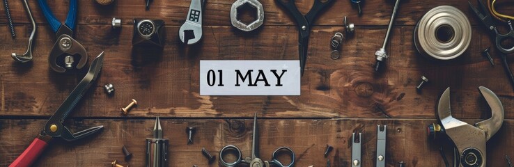 tools and building materials arranged on an old wooden table with the date 1 May written in wood...
