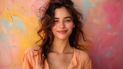 Portrait d'une belle jeune femme brune optimiste et confiante qui porte un T-shirt p&ecirc;che pose devant un mur dans les tons oranges