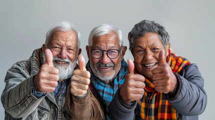 Groupe de trois amis âgés, 60 à 70 ans, levant le pouce vers le ciel, fond blanc, sortie entre seniors