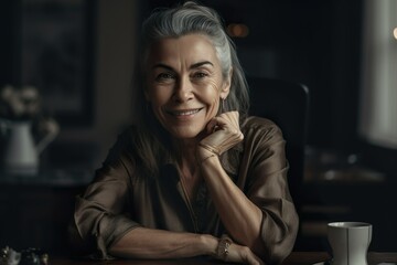 Smiling Silver-Haired Woman in a Dimly Lit Room. Generative AI