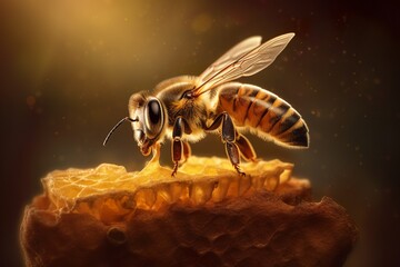 Honeybee Alighting on Golden Comb. Generative AI
