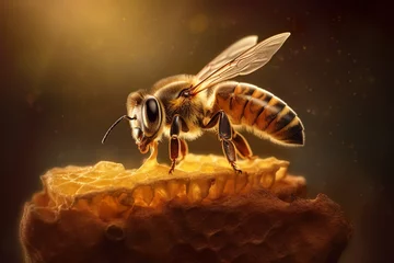 Fotobehang Honeybee Alighting on Golden Comb. Generative AI © CreativeCanvas