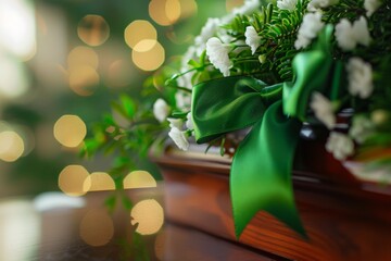 Elegant white floral arrangement on a wooden coffin, serene bokeh background. Floral Arrangement on Coffin with Bokeh Lights