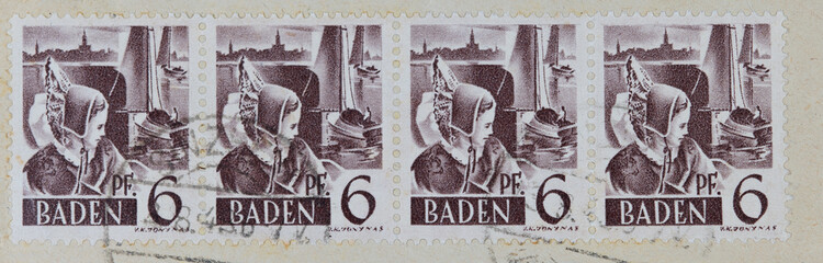 briefmarke stamp vintage retro alt old frau baden see selgen 6 pfennig reihe line lake sailing boot...
