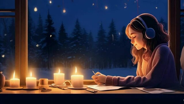 A girl sits at a table, music listen through her headphones. The flickering light of a fire candle illuminates her face, Outside the big glass window, the Christmas night sky twinkles, lofi animation