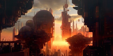 Futuristic Cityscape at Sunset. Generative AI