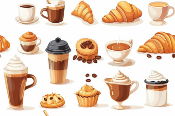 Seamless pattern with a variety of coffee and pastry icons