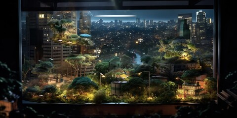 Lush Miniature Forest Display Overlooking a Night Cityscape. Generative AI