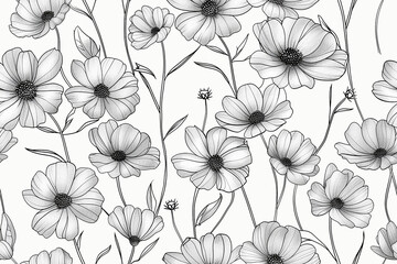 Seamless monochrome pattern with line art of flowers