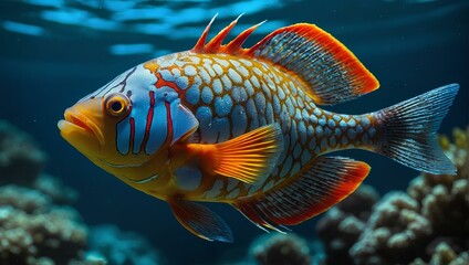 A vibrant, neon-colored fish swims in crystal-clear ocean, its scales gleaming in the sunlight