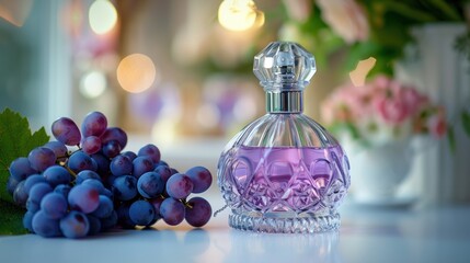 Obraz na płótnie Canvas A beautiful glass bottle with purple eau de toilette stands on the left on a white table