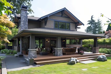 A craftsman house exterior in a warm taupe color, with a wrap-around porch, stone accents, and a tranquil backyard retreat.