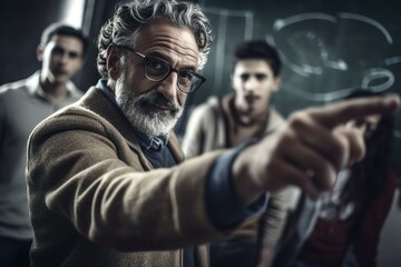 Fototapeta na wymiar Elderly Professor Pointing During a Lecture. Generative AI