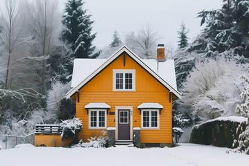 A quaint craftsman house exterior painted in warm mustard yellow, standing out against a snowy landscape.