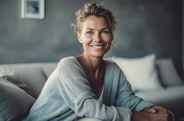 Radiant Smile in Cozy Room: Woman with European Features. Generative AI