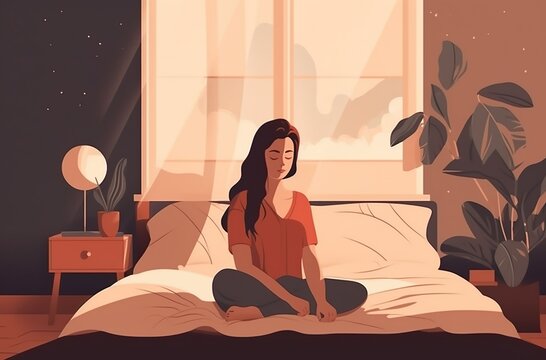 Serenity at Dusk: Woman Meditating in a Cozy Room. Generative AI