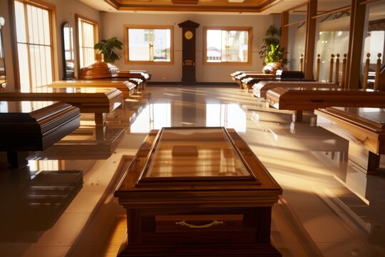 A row of polished wooden caskets displayed in a well-lit, spacious funeral home. Elegant Wooden Caskets in Bright Funeral Home