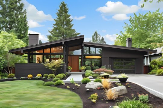 A modern craftsman house exterior painted in rich espresso brown, complemented by minimalist landscaping.