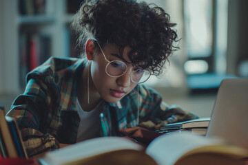A focused young student, wearing trendy round glasses, studies intently among books with a laptop nearby.