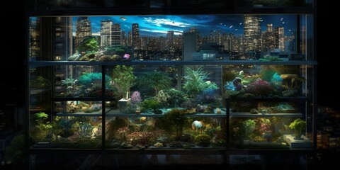 Aquatic and Terrarium Displays Against Urban Night Sky. Generative AI