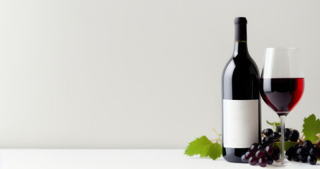 A mockup banner with a red wine bottle with a white label, accompanied by a wine glass and a bunch of grapes, all placed on a white background with