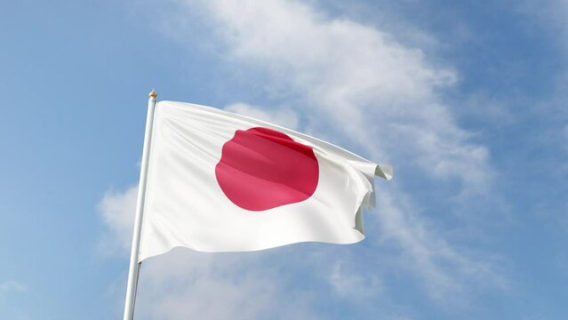 flag of japan on a blue sky, waving in the wind, symbol of the japanese people, asian country, white and red, rising sun, tall flagpole, sunny day