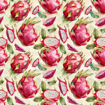 Cute watercolor seamless pattern background with dragon fruit